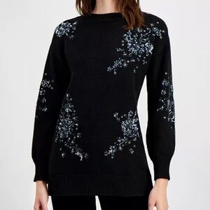 🆕🪩 Anne Klein Black Sequin Embellished Knit Sweater Size L Floral Starburst Chic